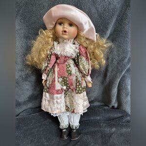 Blonde Hair Blue Eyed Porcelain Patchwork Doll with Pink Hat and Metal Stand
